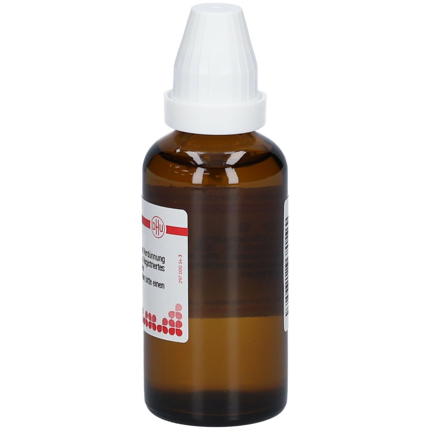 Braune Glasflasche mit weißem Verschluss. Etikett mit rotem Logo und Text. Homöopathisches Arzneimittel.