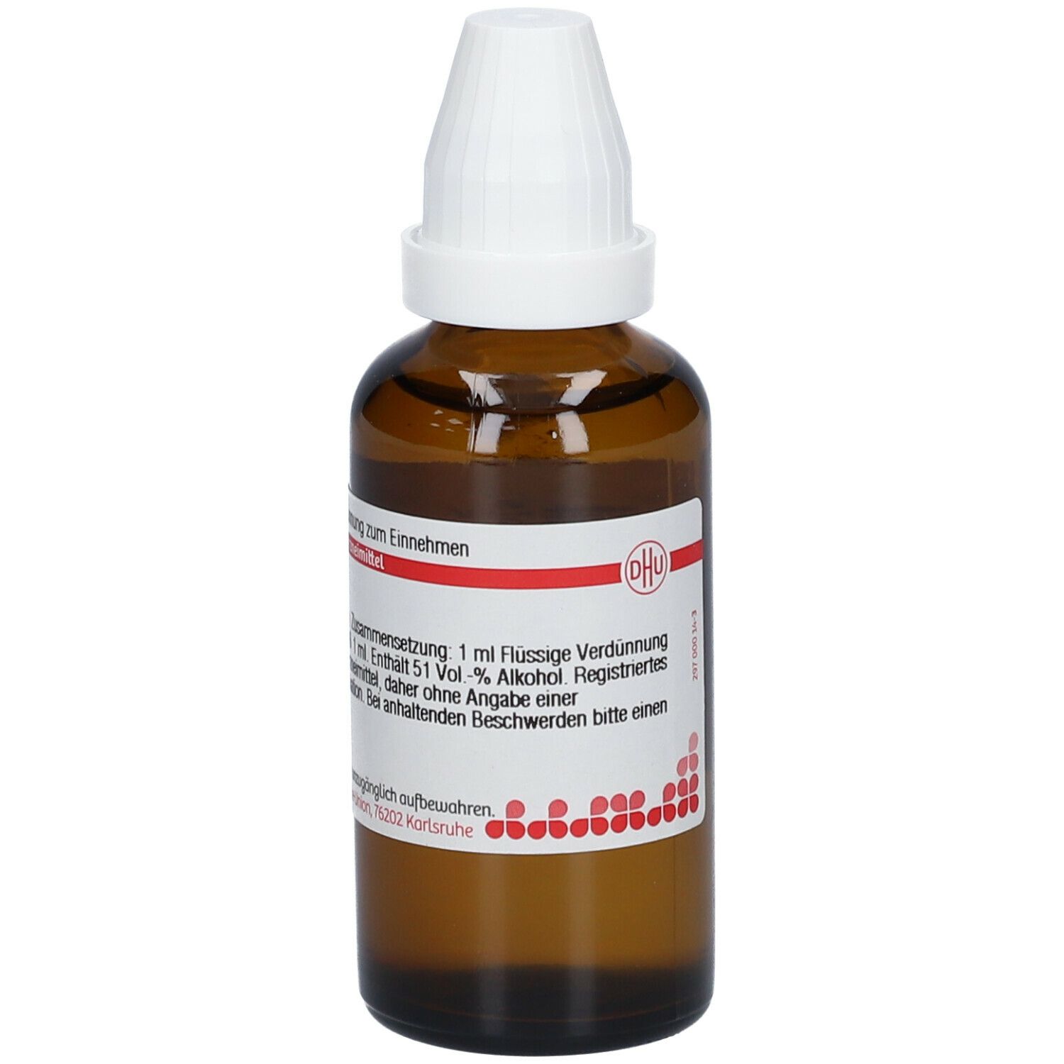 Braune Glasflasche mit weißem Verschluss. Etikett mit Text und rotem Logo. Homöopathisches Arzneimittel.