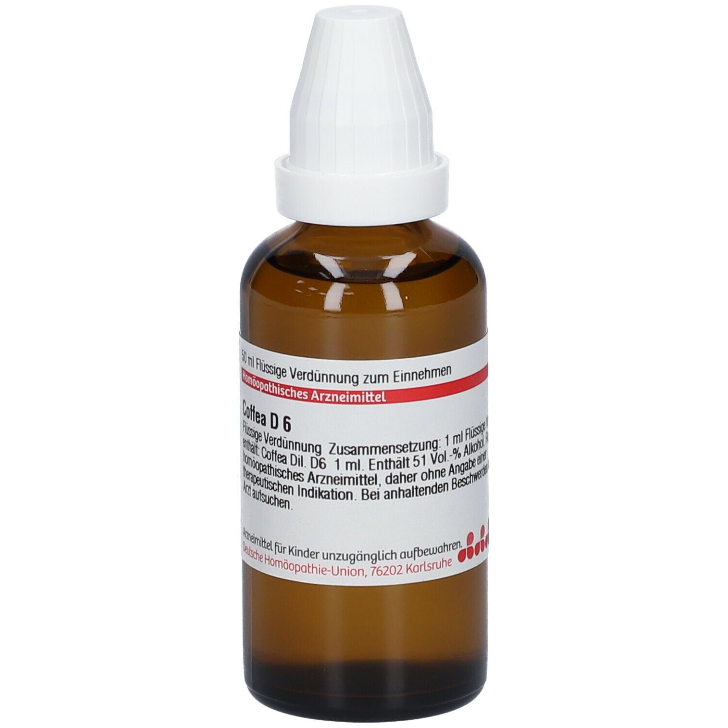 Braune Glasflasche mit weißem Verschluss. Etikett mit Text: Coffea D6. Homöopathisches Arzneimittel.