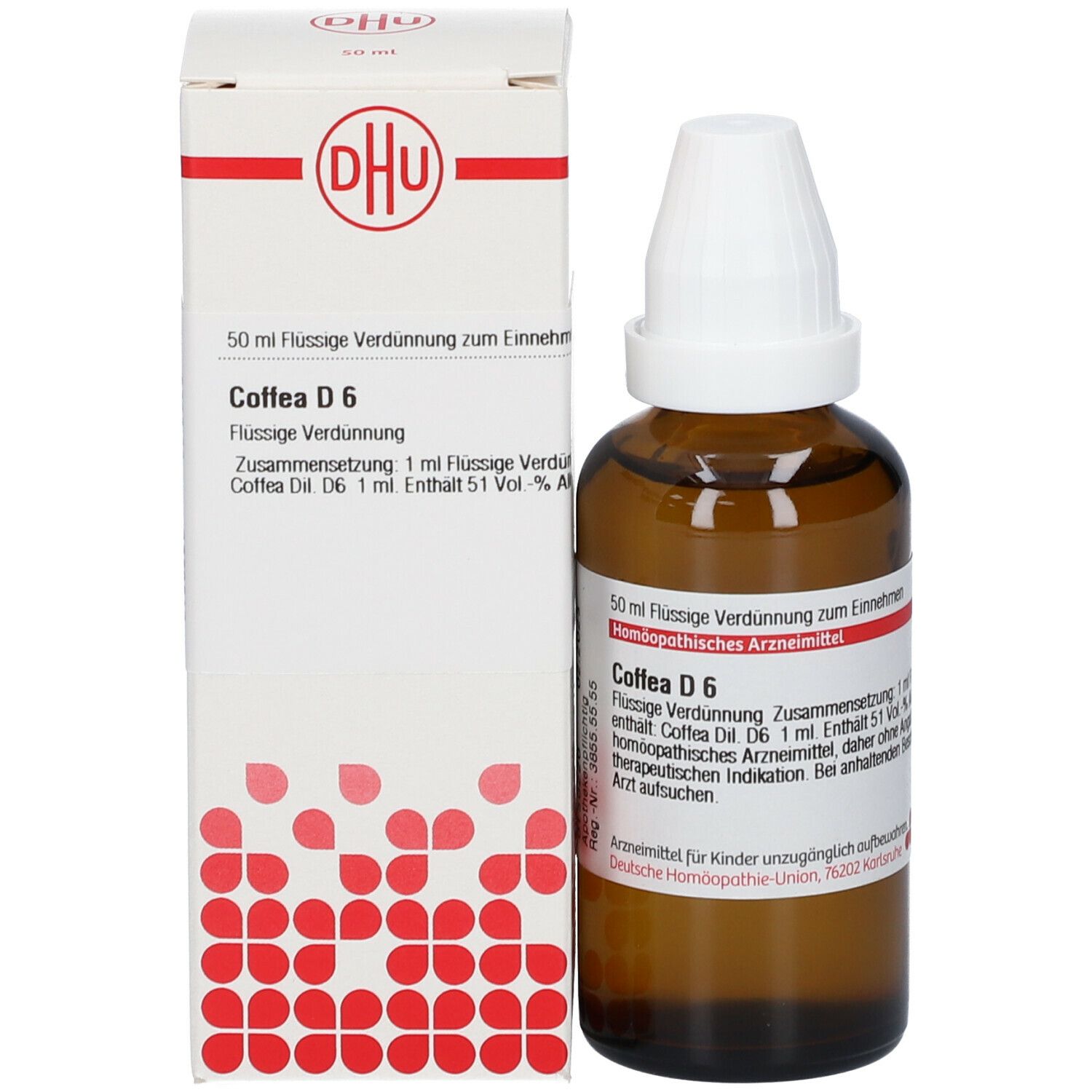 Braune Glasflasche und Schachtel. Auf der Schachtel: Coffea D6. Homöopathisches Arzneimittel. DHU Logo.