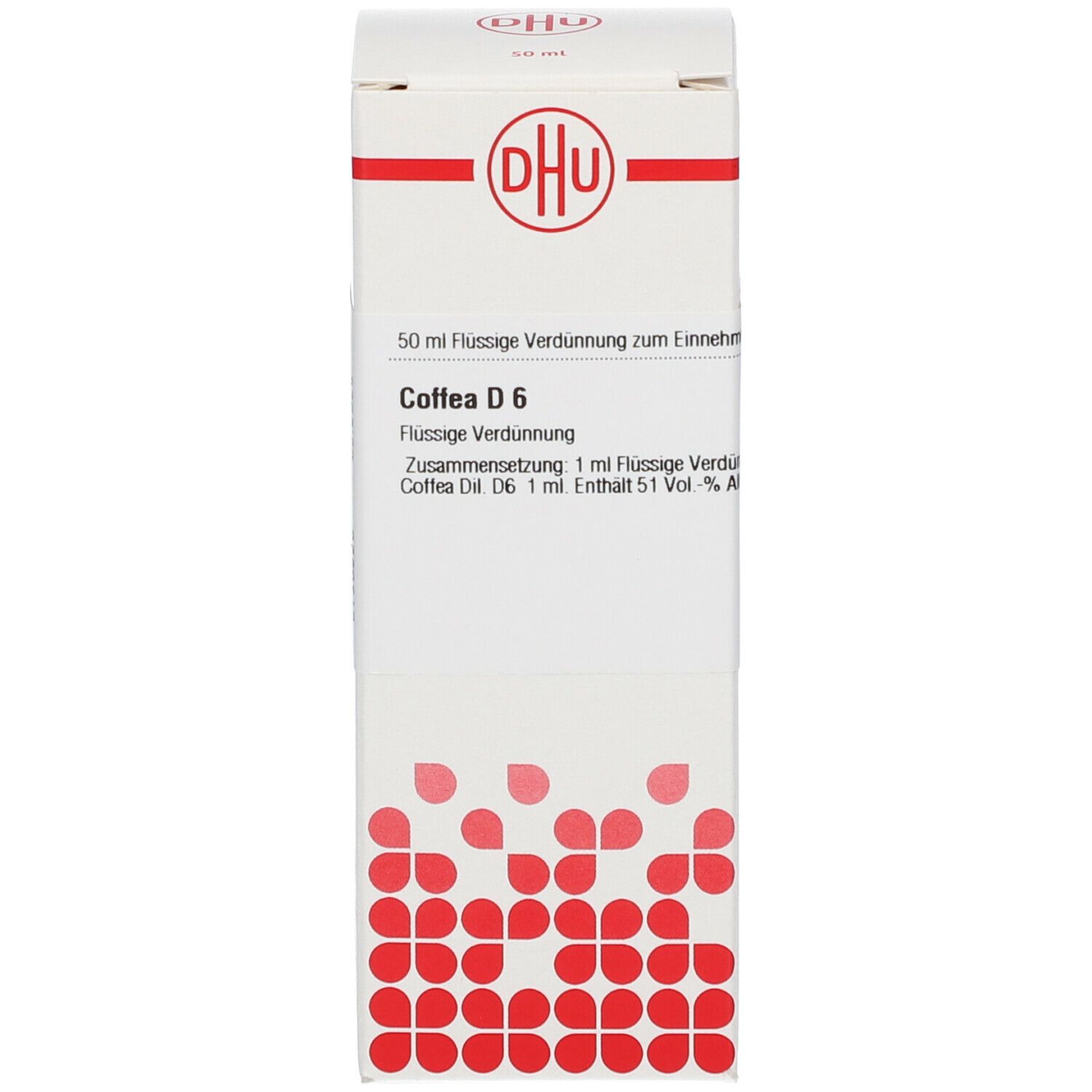 Weiße Schachtel mit rotem Logo und Text. Auf der Schachtel: Coffea D6. Homöopathisches Arzneimittel. DHU.