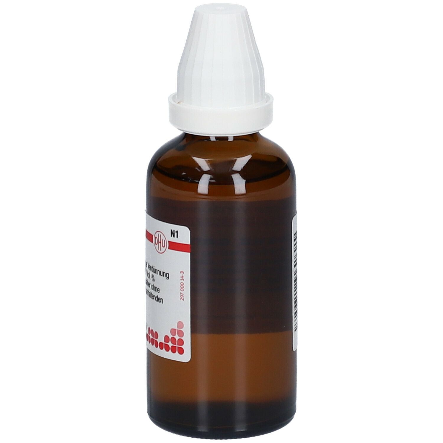 Braune Glasflasche mit weißem Verschluss. Etikett mit Produktinformationen: DHU Collinsonia canadensis D2.