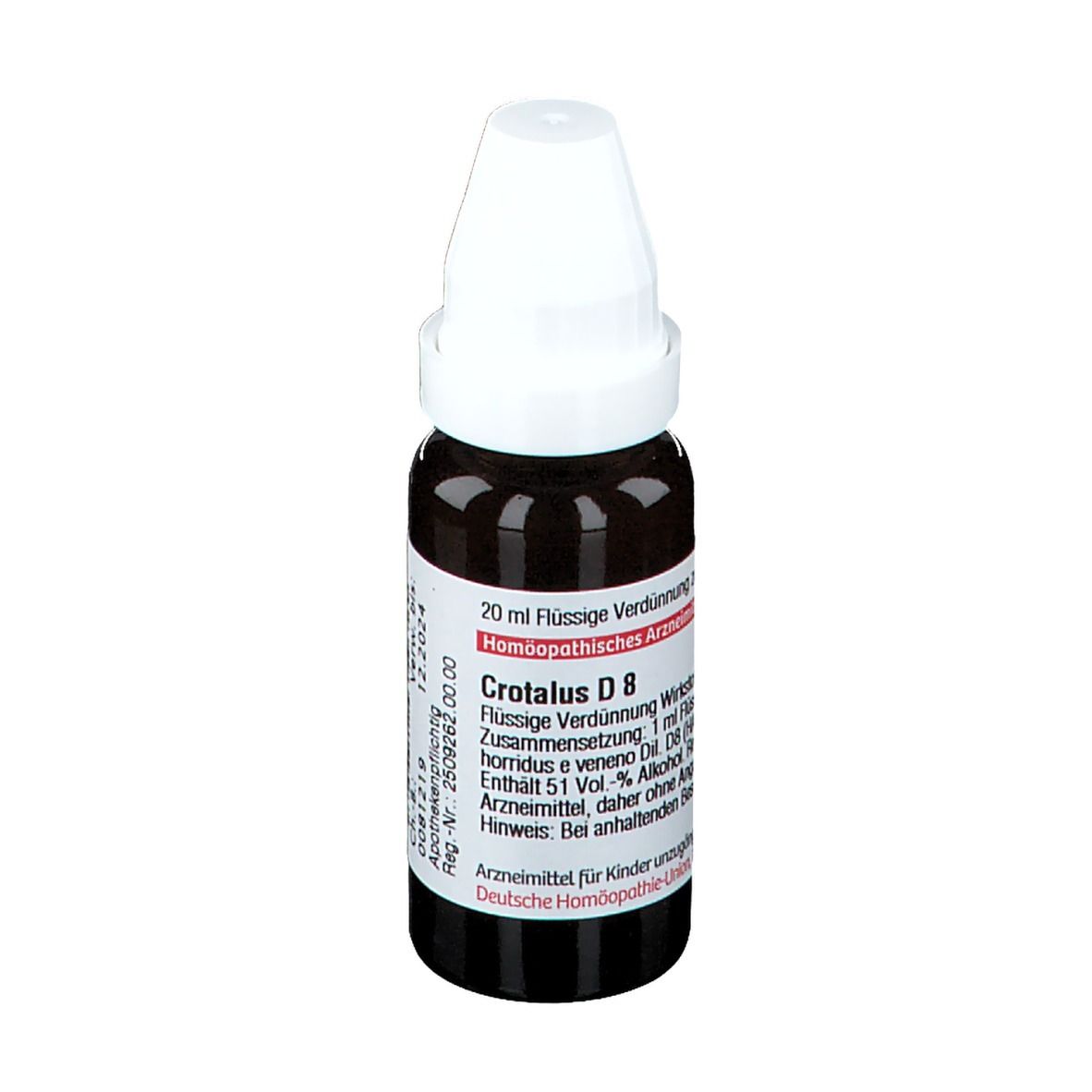Braune Glasflasche mit weißem Verschluss. Etikett mit Text: Crotalus D 8, 20 ml Flüssige Verdünnung.