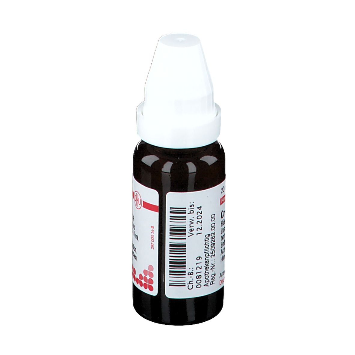 Braune Glasflasche mit weißem Verschluss. Etikett mit Text: Crotalus D 8, Verwendbar bis 12.2024.