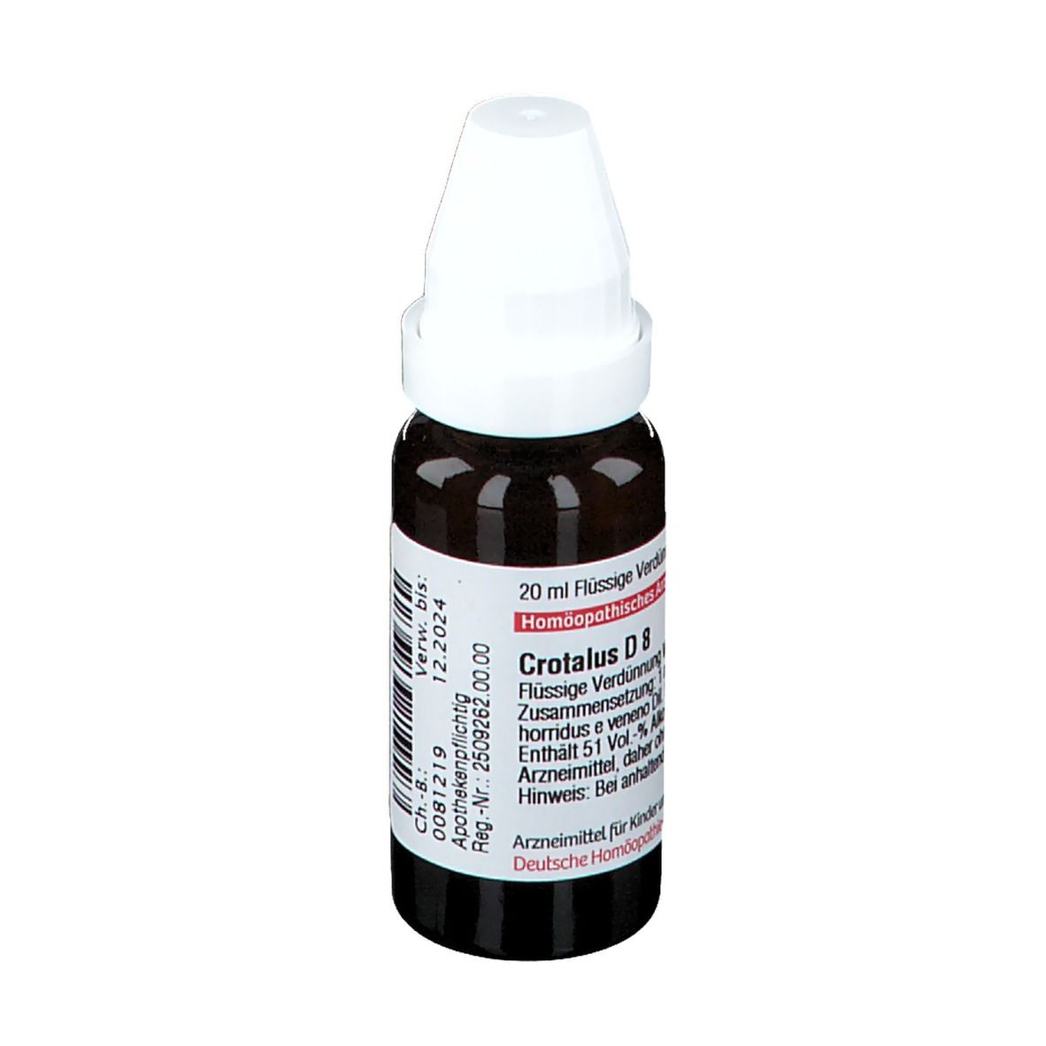 Braune Glasflasche mit weißem Verschluss. Etikett mit Text: Crotalus D 8, 20 ml Flüssige Verdünnung.