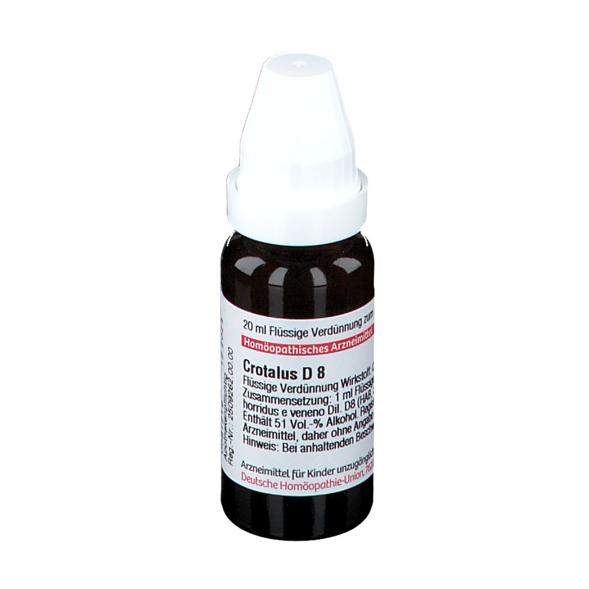 Braune Glasflasche mit weißem Verschluss. Etikett mit Text: Crotalus D 8, 20 ml Flüssige Verdünnung.