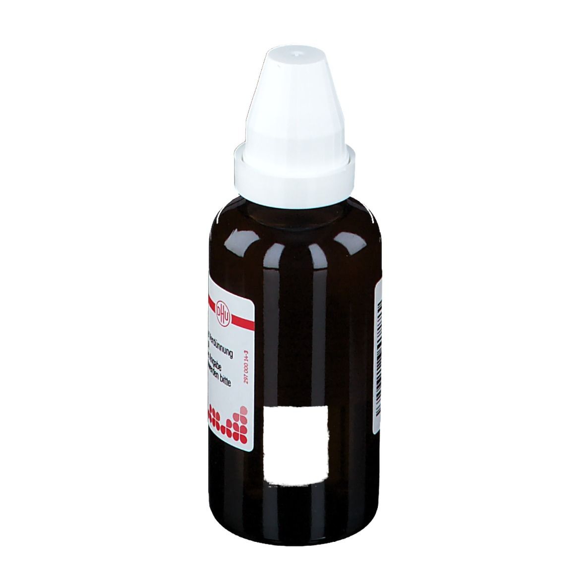 Braune Glasflasche mit weißem Deckel. Etikett mit Text. Weiße Fläche auf dem Etikett.