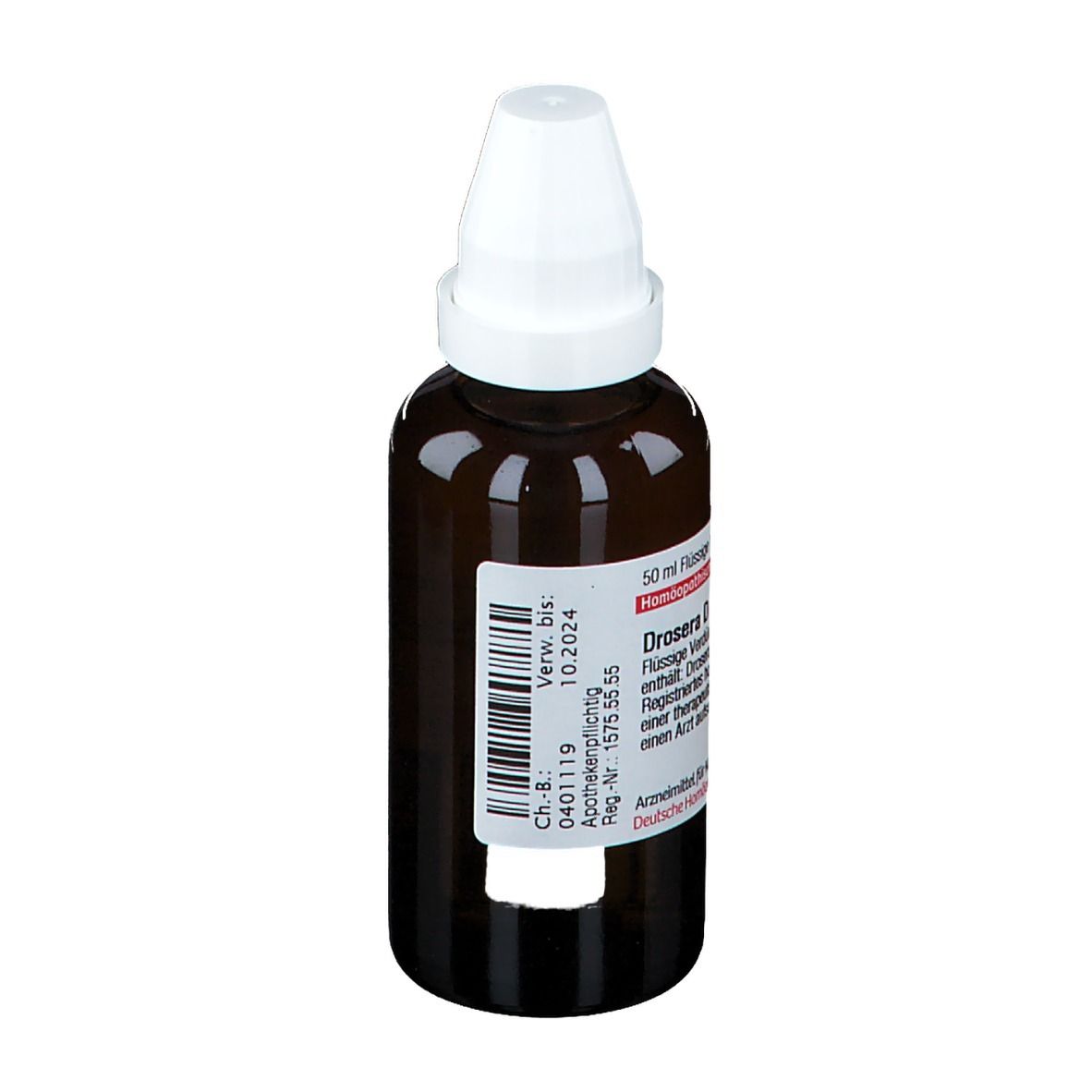 Braune Glasflasche mit weißem Deckel. Etikett mit Text und Barcode. Verwendbar bis 10.2024.