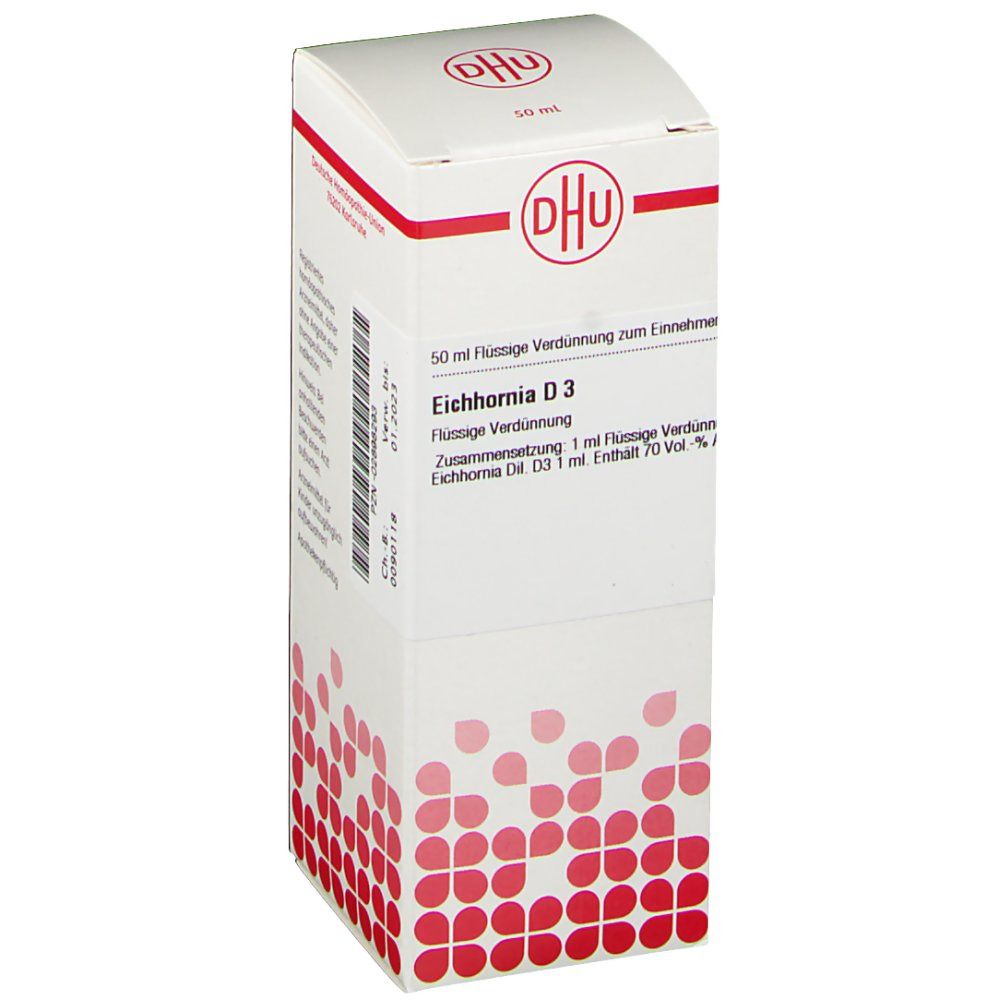 Weiße Faltschachtel mit rotem DHU-Logo und Produktbezeichnung Eichhornia D3. Text: 50 ml flüssige Verdünnung.