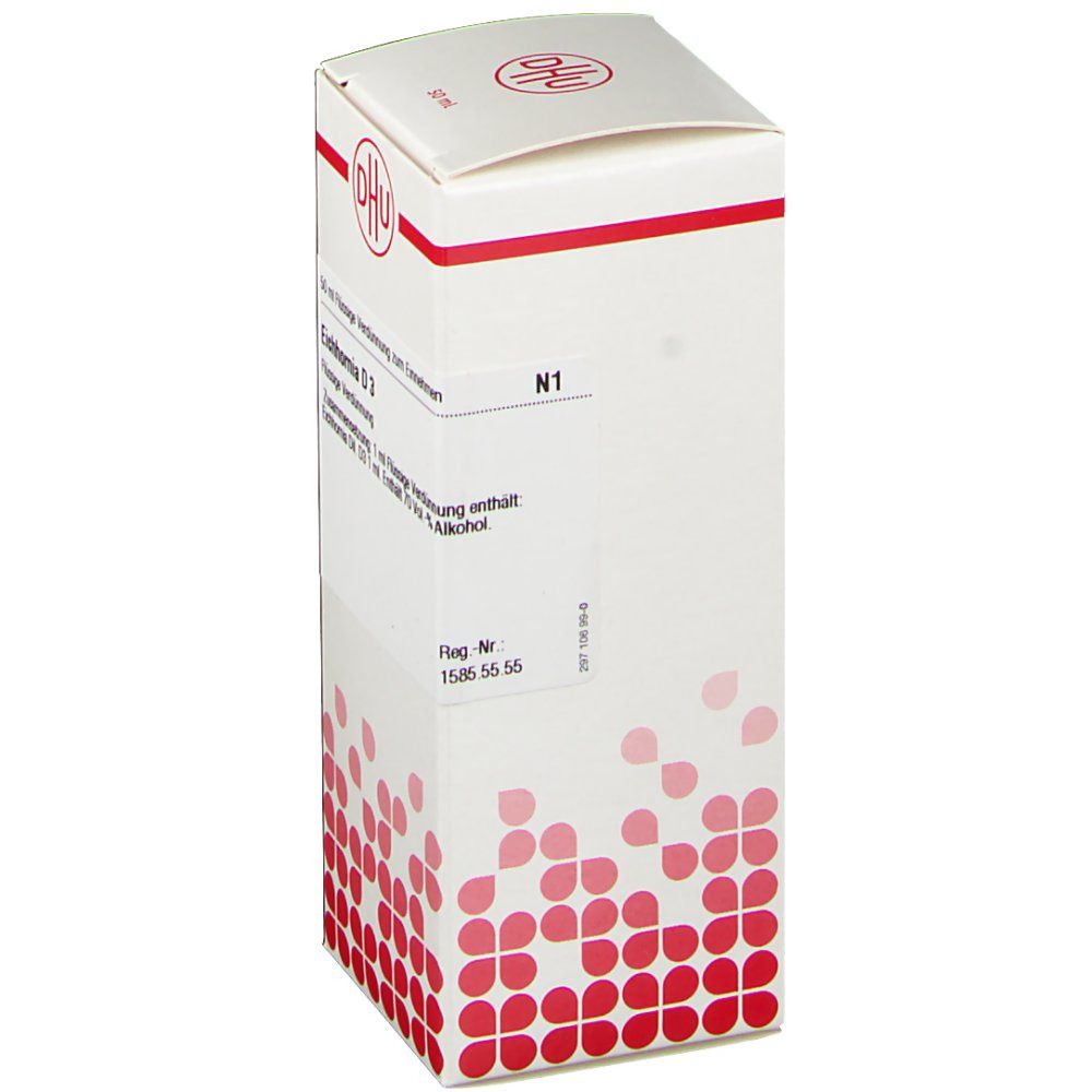 Weiße Faltschachtel mit rotem DHU-Logo. Produktbezeichnung: Eichhornia D3. Aufdruck: N1. Rückseite mit Text und Barcode.