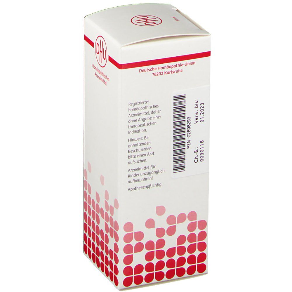 Weiße Faltschachtel mit rotem DHU-Logo. Text: Deutsche Homöopathie-Union. Barcode und weitere Informationen auf der Seite.