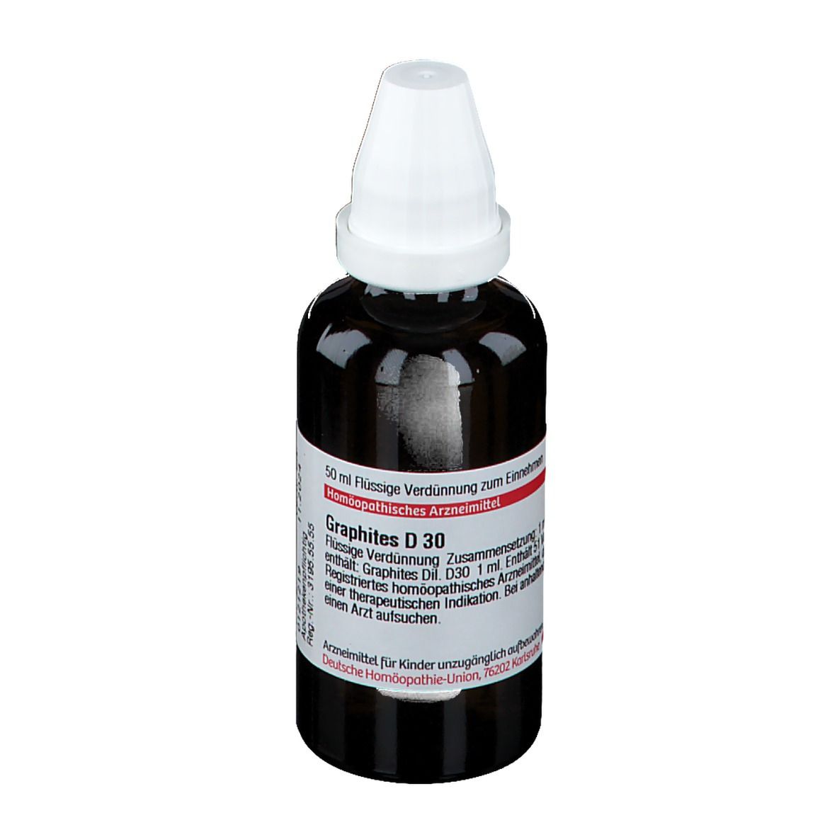 Braune Glasflasche mit weißem Verschluss. Etikett mit Produktinformationen: Graphites D 30, DHU. Homöopathisches Arzneimittel.