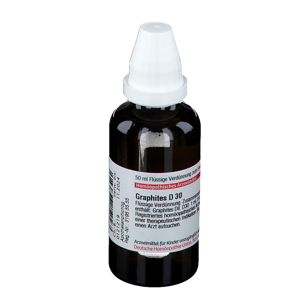 Braune Glasflasche mit weißem Verschluss. Etikett mit Produktinformationen. DHU-Logo. Homöopathisches Arzneimittel.