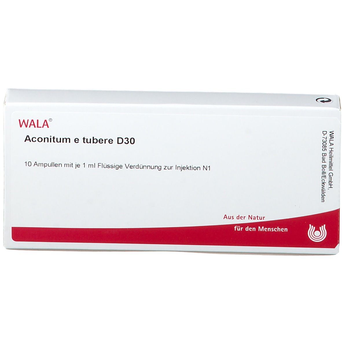 Weiße Schachtel mit roter Linie. Beschriftung: WALA Aconitum e tubere D30. 10 Ampullen mit 1 ml Flüssige Verdünnung. Aus der Natur, für den Menschen.