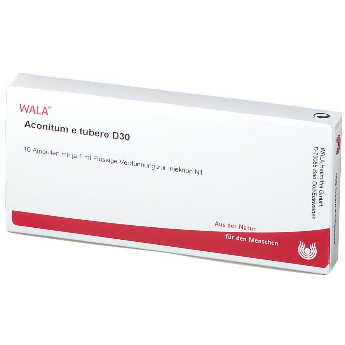 Weiße Schachtel mit roter Linie. Beschriftung: WALA Aconitum e tubere D30. 10 Ampullen mit 1 ml Flüssige Verdünnung. Aus der Natur, für den Menschen.