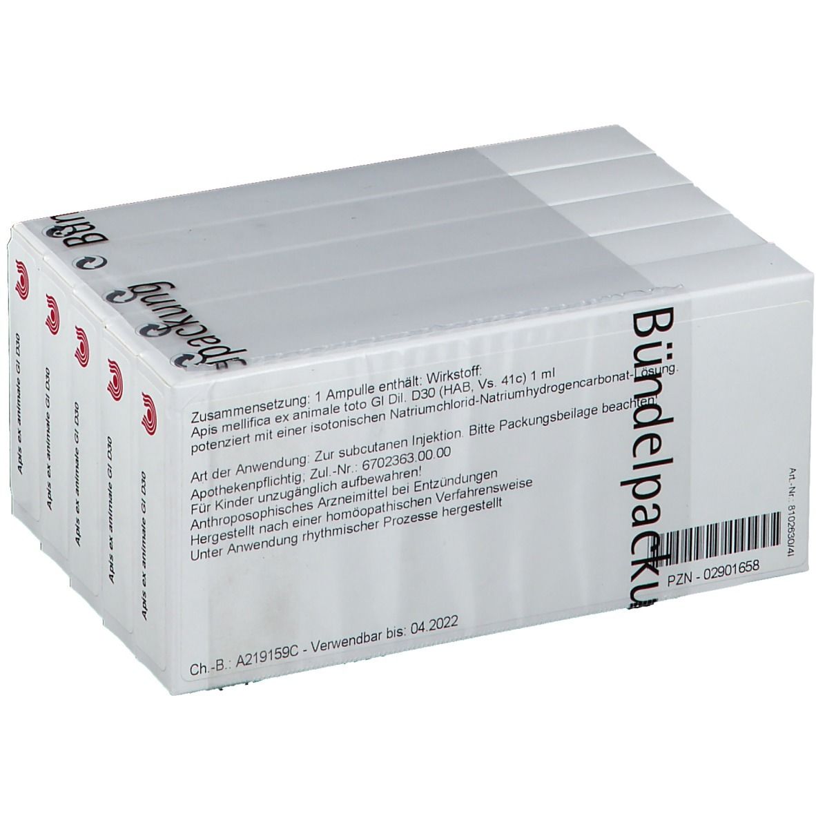 Verpackung mit Ampullen. Aufschrift: WALA Apis ex animale Gl D30. Text und Barcode. Weiße Verpackung.