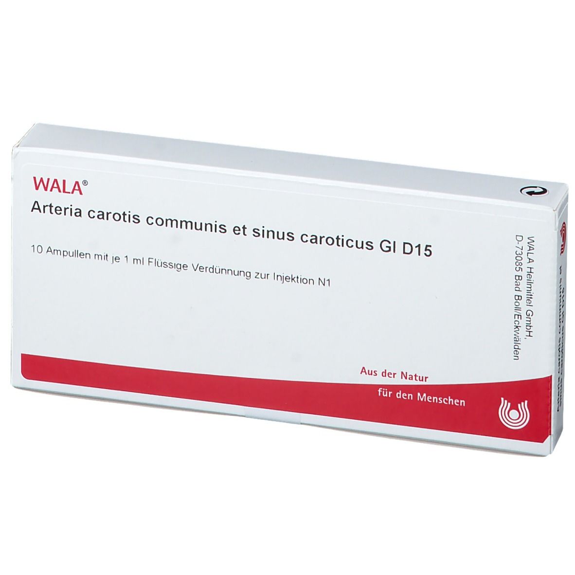 Weiße Faltschachtel mit roter Linie. Beschriftung: WALA, Arteria carotis communis et sinus caroticus Gl D15. 10 Ampullen.