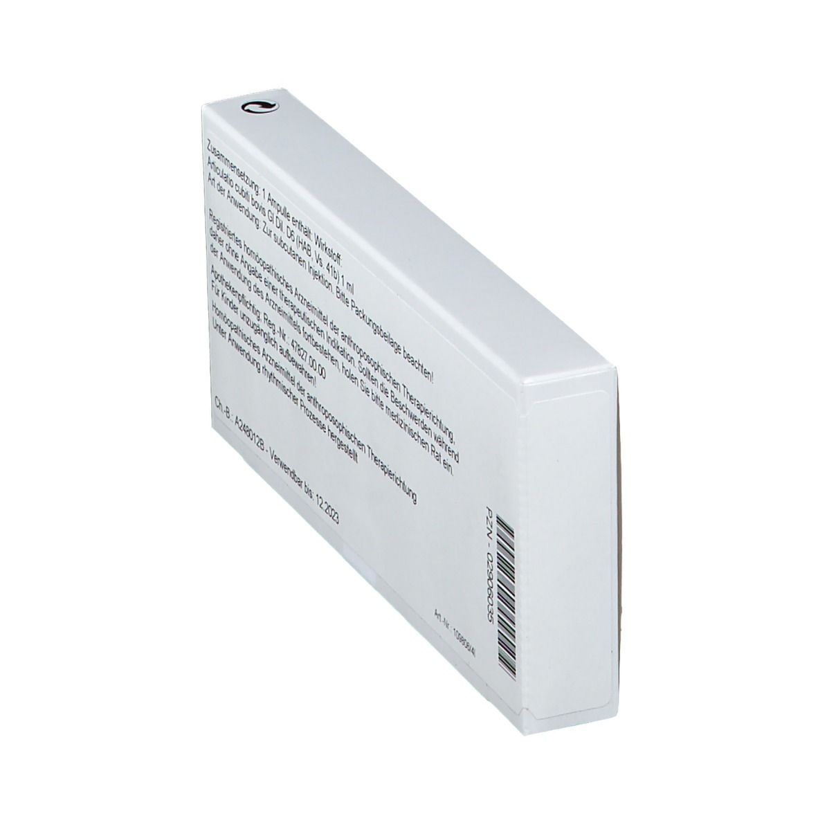 Rückseite einer weißen Faltschachtel. Text in deutscher Sprache. Barcode und Chargennummer sichtbar.