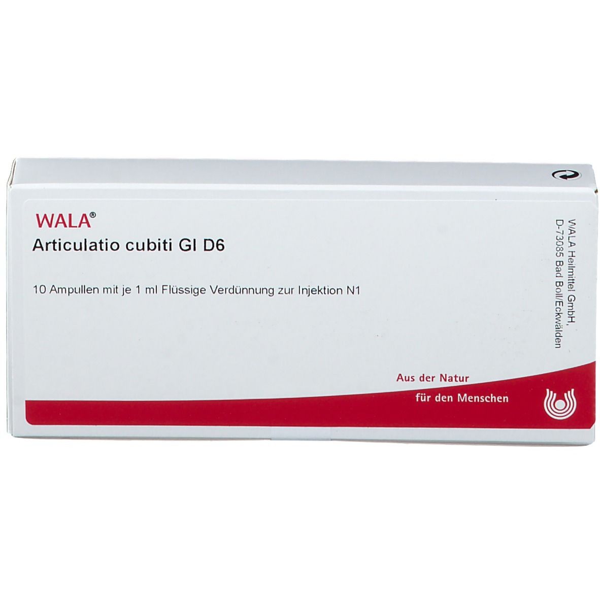 Weiße Faltschachtel mit roter Schrift und Logo. Beschriftung: WALA Articulatio cubiti Gl D6. Enthält 10 Ampullen.