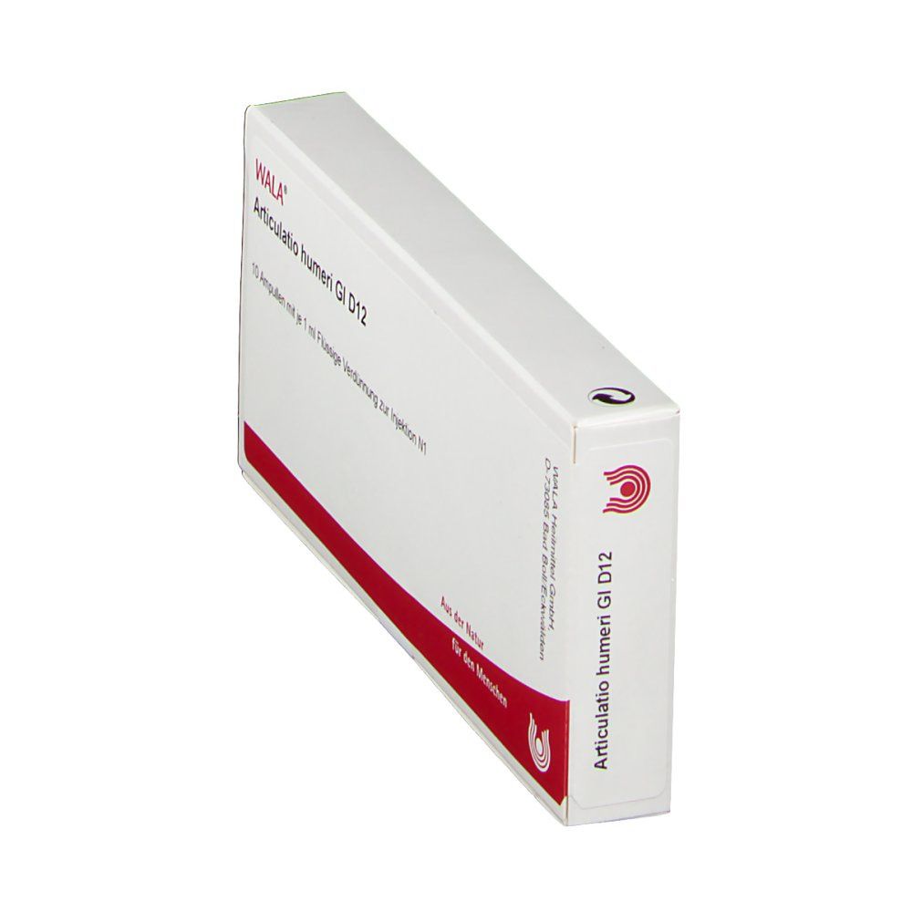 Schachtel WALA Articulatio humeri Gl D12, weiß mit roter Linie. Seitenansicht. Logo und Text.