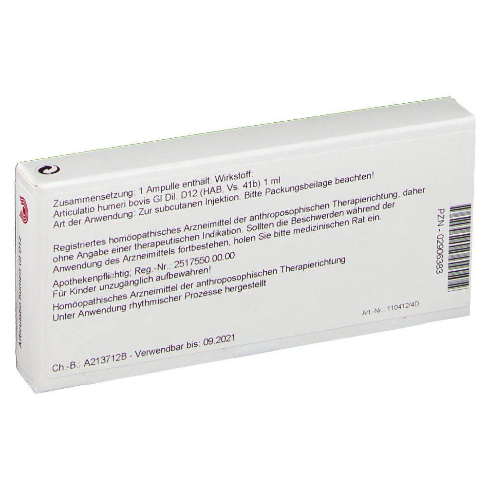 Rückseite der Schachtel WALA Articulatio humeri Gl D12. Text in deutscher Sprache. PZN-Code und weitere Informationen.