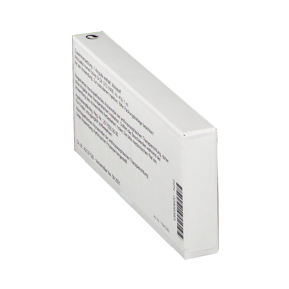 Seitenansicht der Schachtel WALA Articulatio humeri Gl D12. Text und Barcode. PZN-Code.