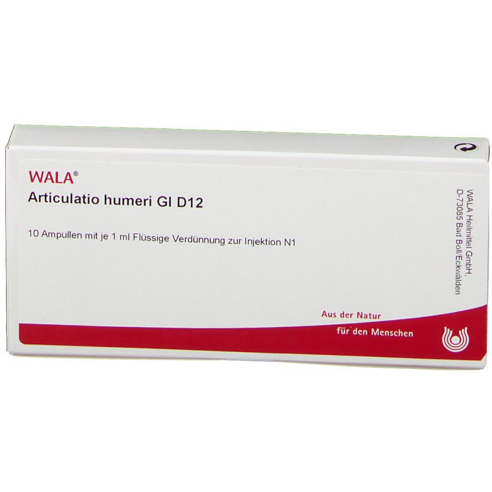 Weiße Schachtel mit roter Linie. Aufschrift: WALA Articulatio humeri Gl D12. Enthält 10 Ampullen. Logo und Text.
