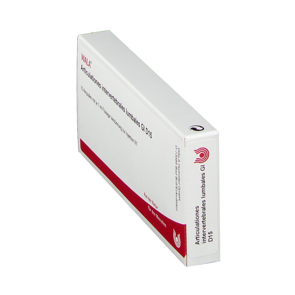 Schräg gestellte weiße Faltschachtel. Beschriftung: WALA Articulationes intervertebrales lumbales GI D15. Rote Linie.