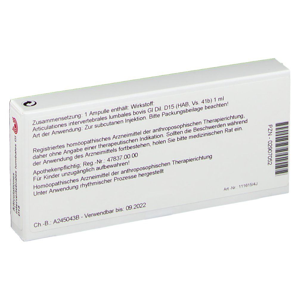 Rückseite der weißen Faltschachtel. Text: Zusammensetzung, Art der Anwendung, Apothekenpflichtig. Verwendbar bis 09.2022.