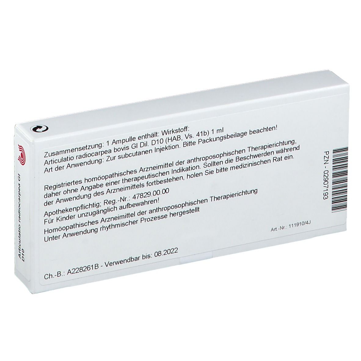 Rückseite der weißen Faltschachtel. Text in deutscher Sprache. Enthält Informationen zu Inhaltsstoffen und Anwendung.