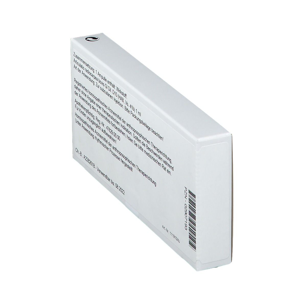 Weiße Faltschachtel, schräg von der Seite. Barcode und Text auf der Seite. Text in deutscher Sprache.