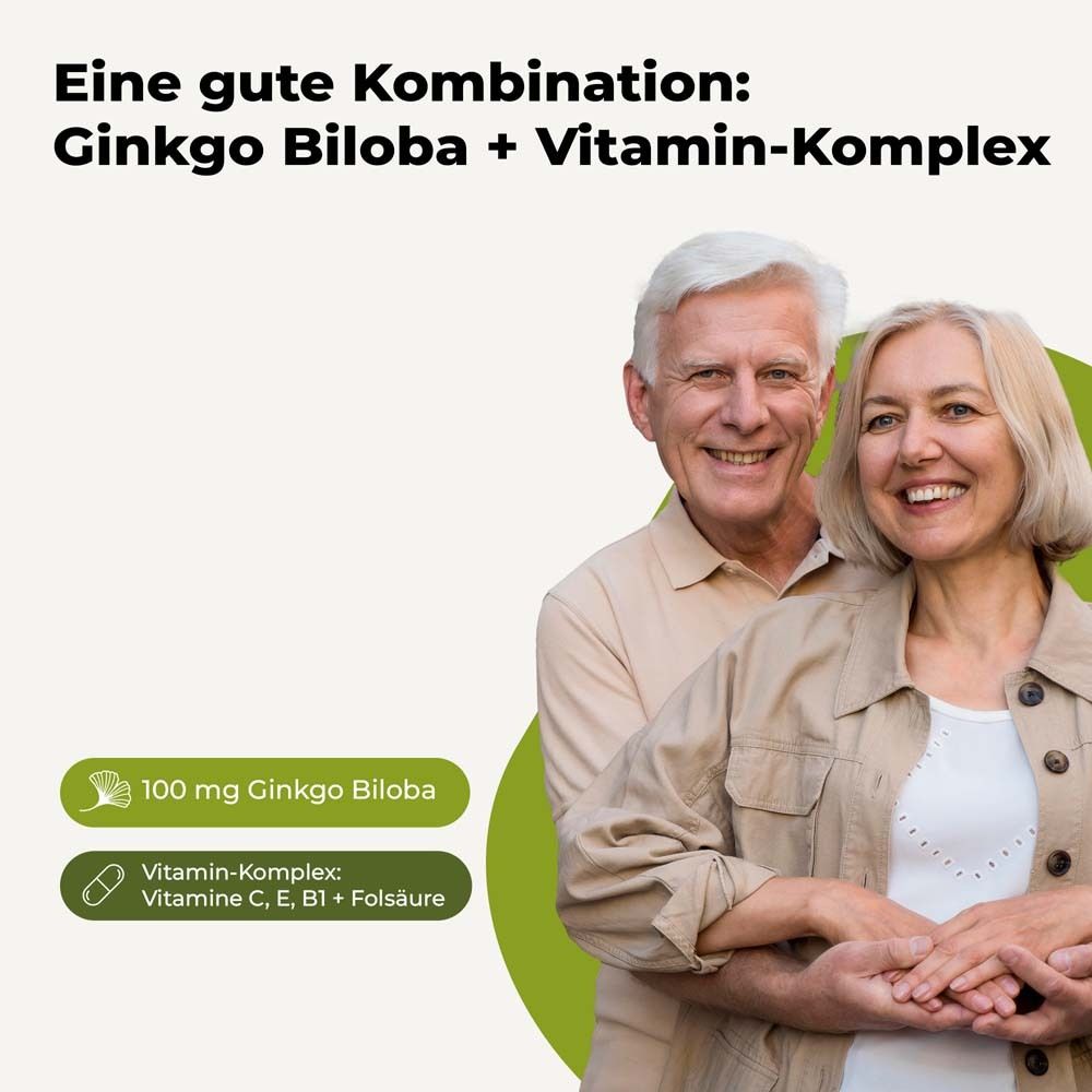 Älteres Paar lächelt. Text: Eine gute Kombination: Ginkgo Biloba + Vitamin-Komplex. Grafiken: 100 mg Ginkgo Biloba, Vitamin C, E, B1, Folsäure.
