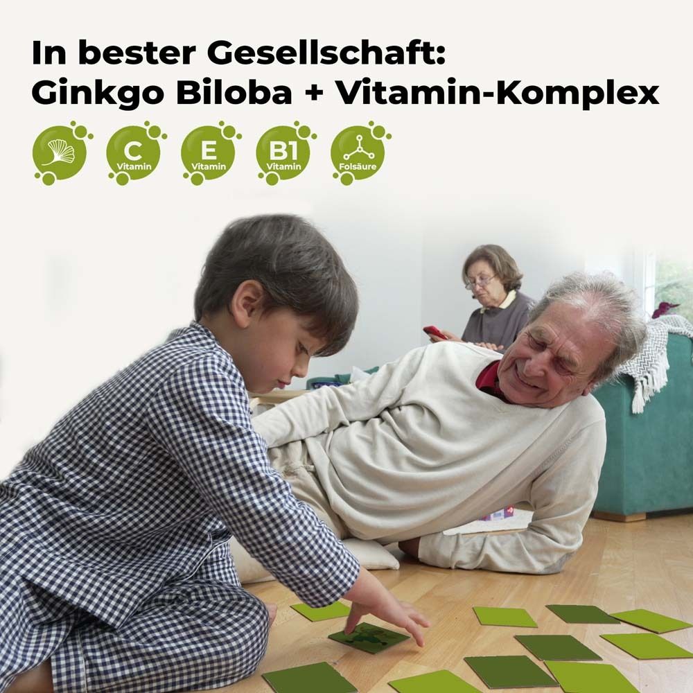 Kind und älterer Mann spielen. Text: In bester Gesellschaft: Ginkgo Biloba + Vitamin-Komplex. Grafiken: Vitamine C, E, B1, Folsäure.