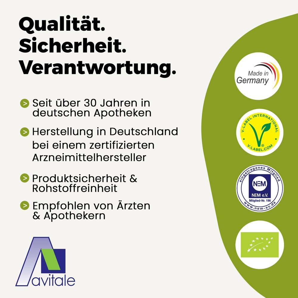 Qualität, Sicherheit, Verantwortung. Zertifizierungen: V-Label, NEM, Bio-Siegel. Empfohlen von Ärzten & Apothekern. Avitale Logo.