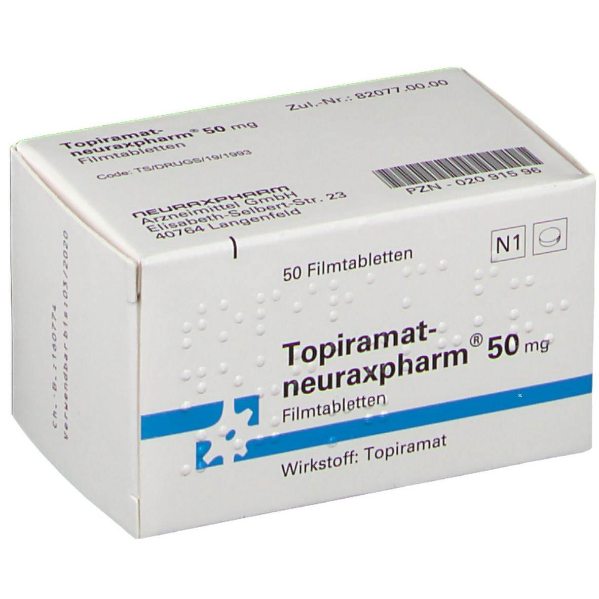 Schachtel mit TOPIRAMAT-NEURAXPHARM 50 mg Filmtabletten. Blaue Akzente, weiße Schrift. 50 Tabletten. PZN-02091596.