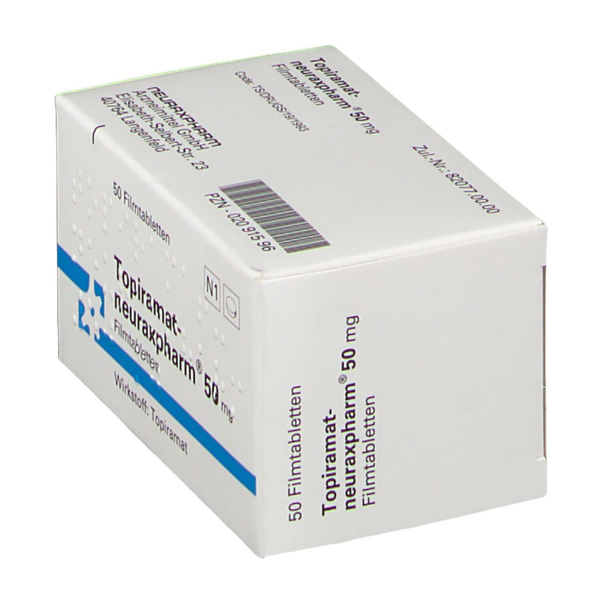 Schachtel mit TOPIRAMAT-NEURAXPHARM 50 mg Filmtabletten. Blaue Akzente, weiße Schrift. 50 Tabletten. PZN-02091596.