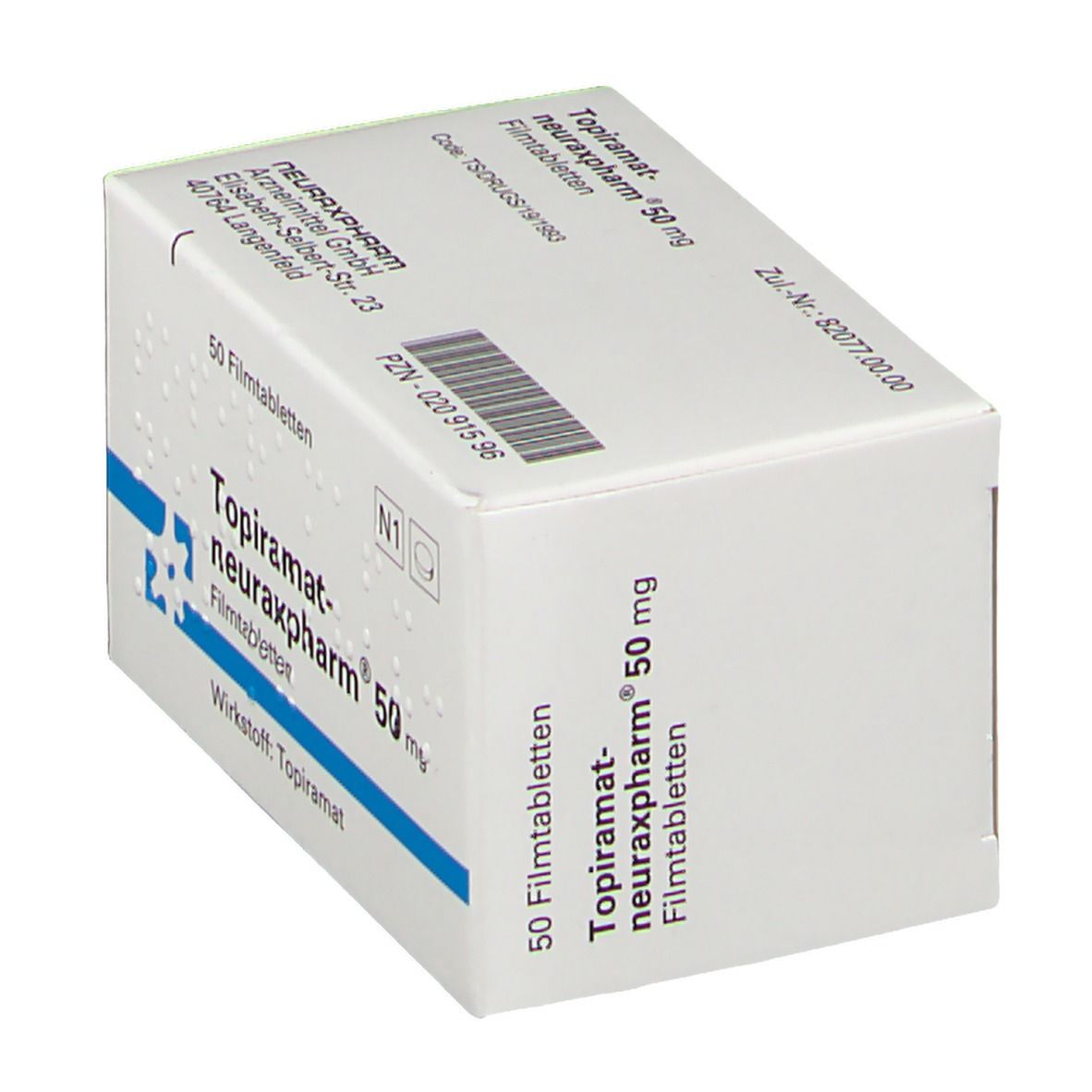 Schachtel mit TOPIRAMAT-NEURAXPHARM 50 mg Filmtabletten. Blaue Akzente, weiße Schrift. 50 Tabletten. PZN-02091596.