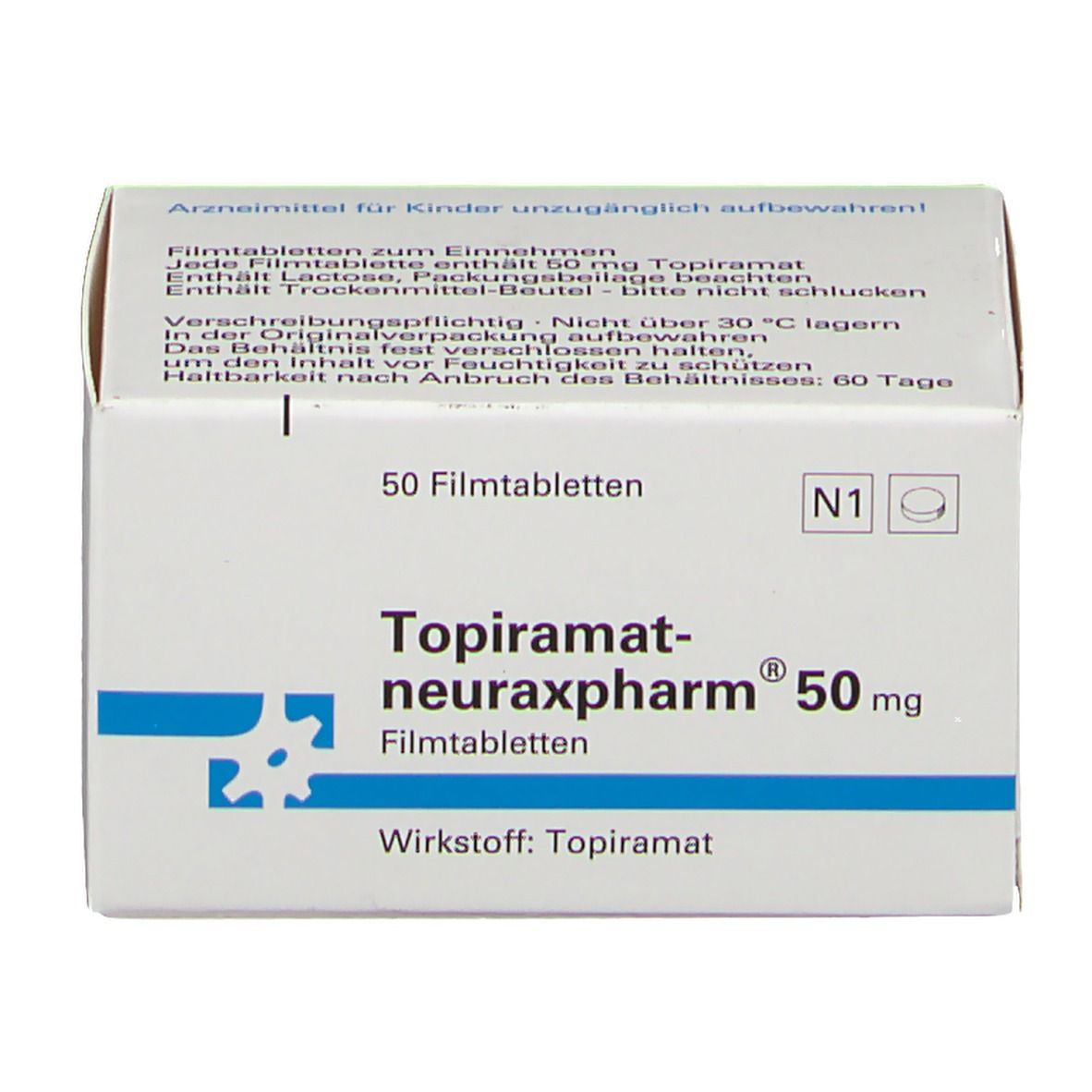 Rückseite der Schachtel mit TOPIRAMAT-NEURAXPHARM 50 mg Filmtabletten. Text in Deutsch. 50 Tabletten. PZN-02091596.