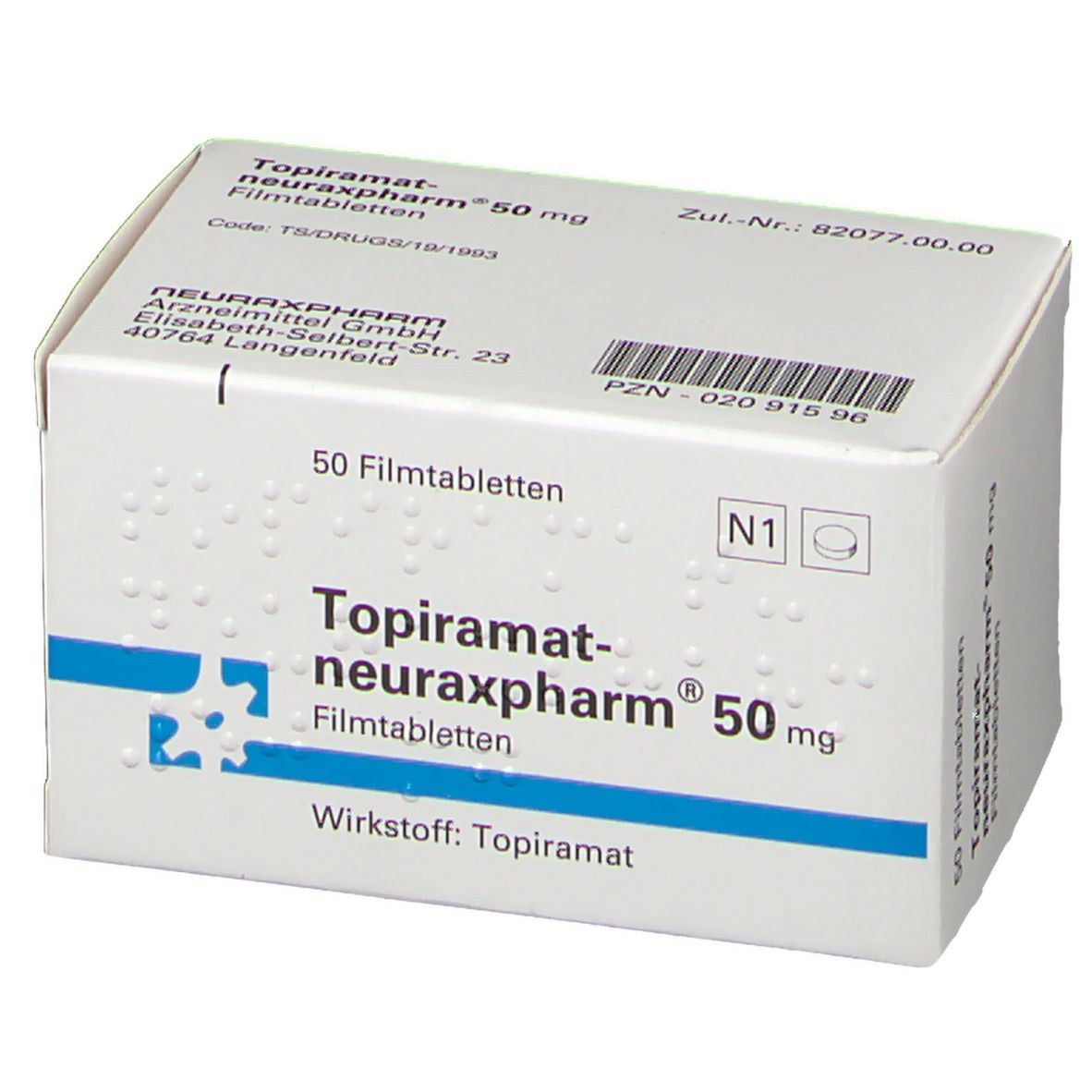 Schachtel mit TOPIRAMAT-NEURAXPHARM 50 mg Filmtabletten. Blaue Akzente, weiße Schrift. 50 Tabletten. PZN-02091596.