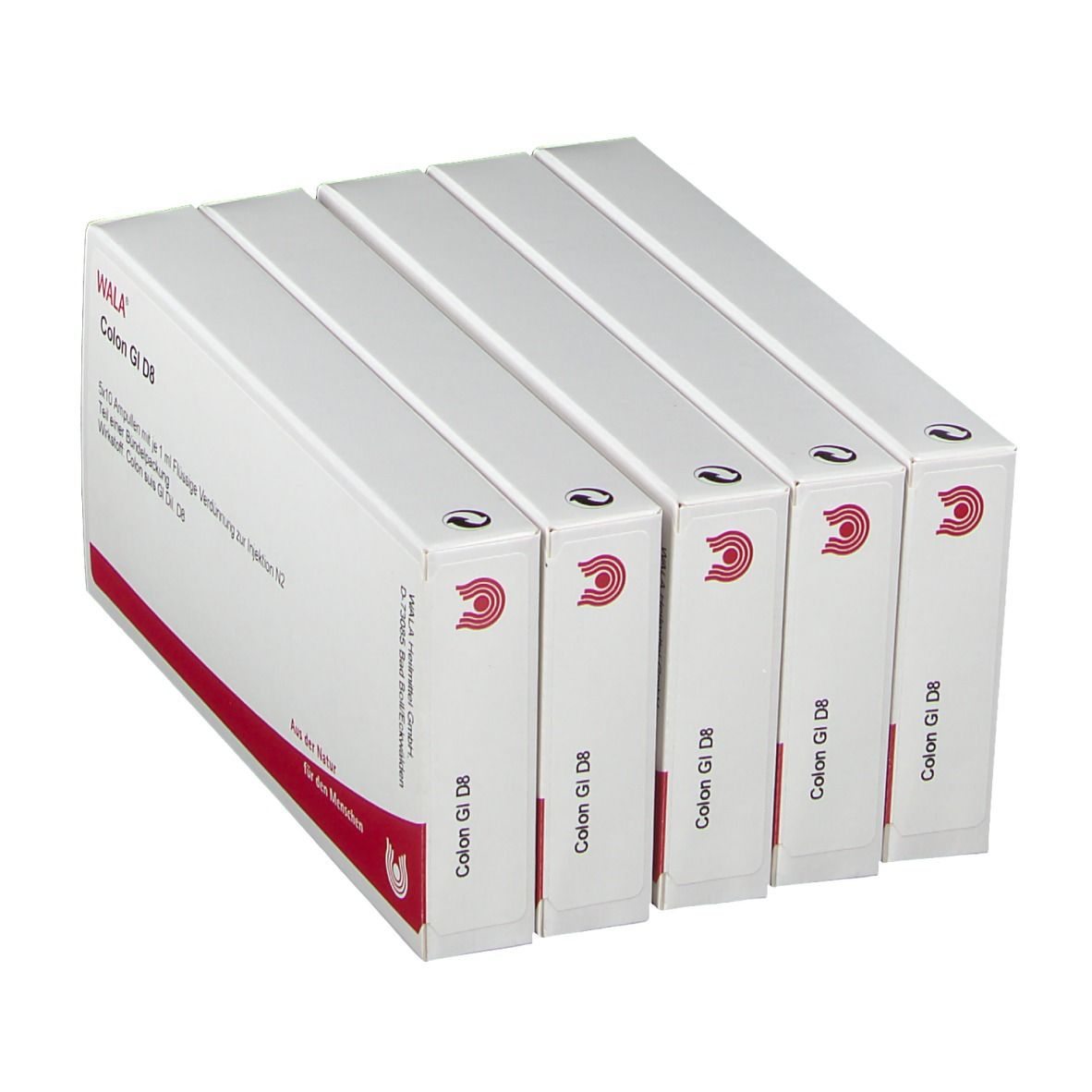 Fünf Schachteln WALA® Colon GI D8. Weiße Verpackung mit roter Schrift. Produktname und Logo sichtbar.