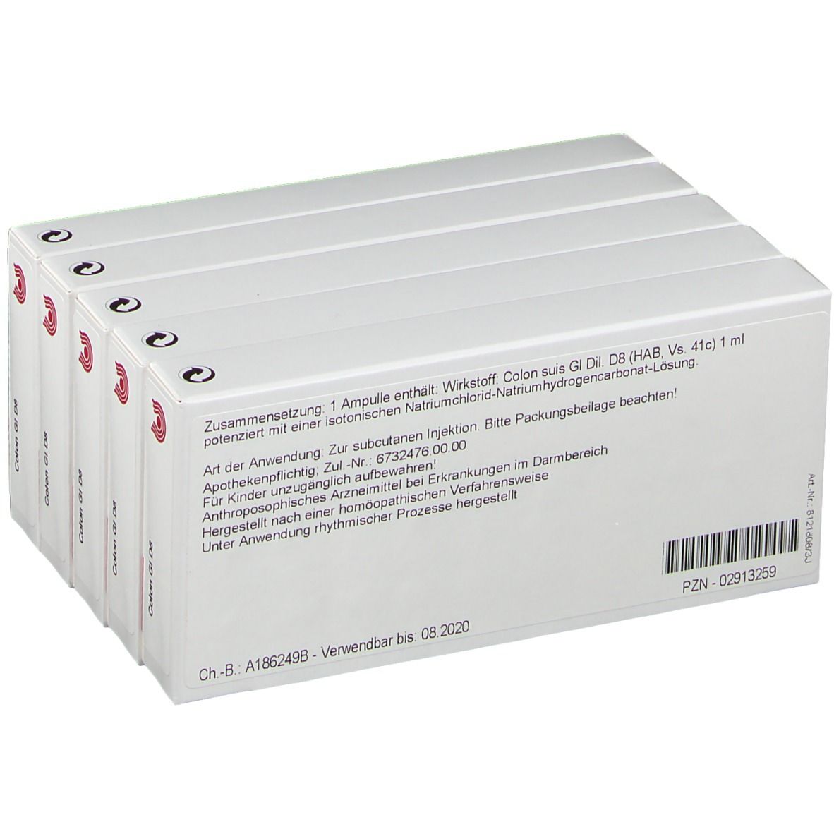 Rückseite von fünf Schachteln WALA® Colon GI D8. Weiße Verpackung mit Text und Barcode. Details zur Zusammensetzung.