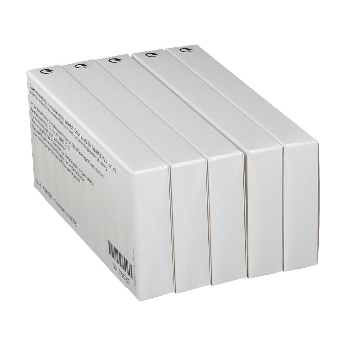 Rückseite von fünf Schachteln WALA® Colon GI D8. Weiße Verpackung mit Text und Barcode. Details zur Anwendung.