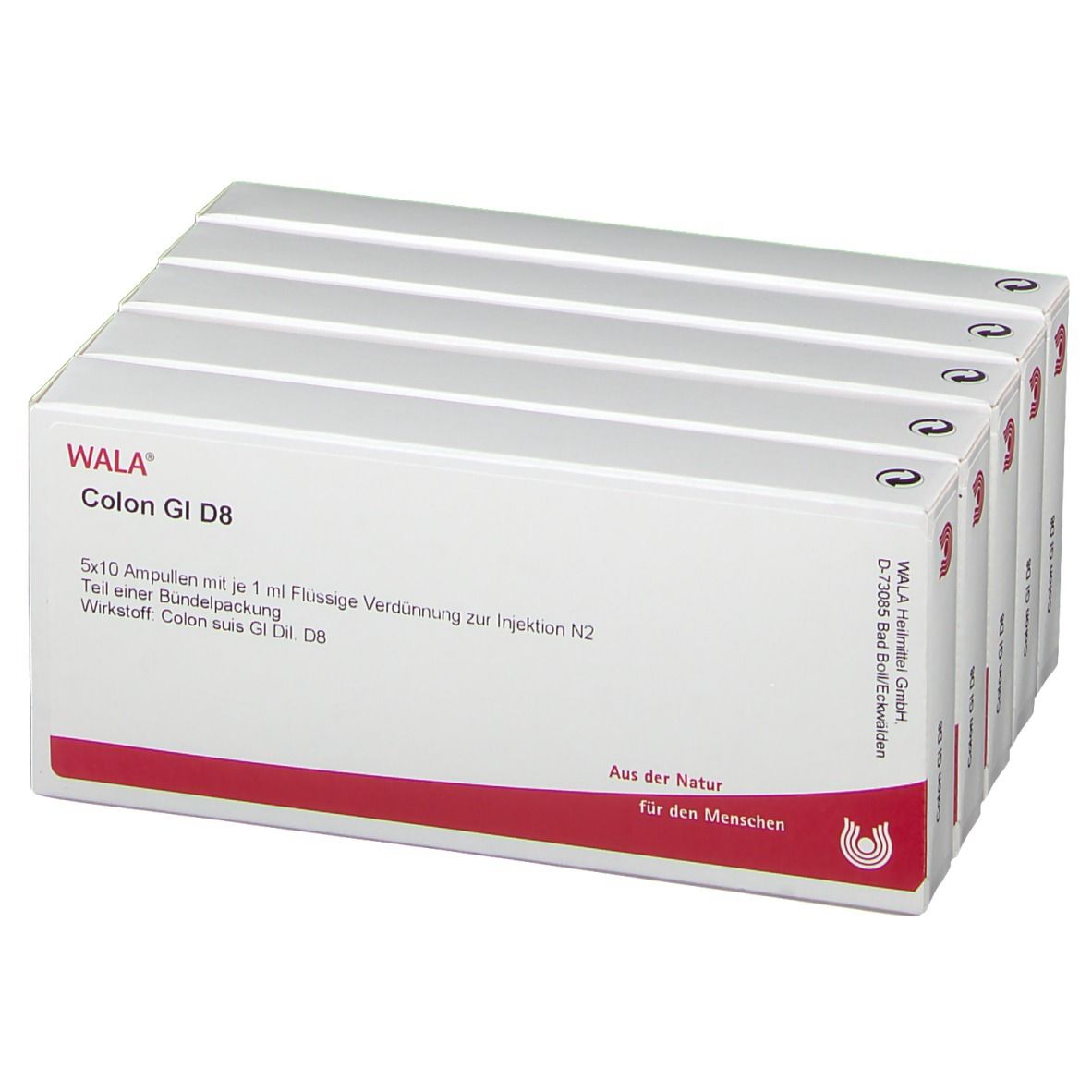 Sechs Schachteln WALA® Colon GI D8. Weiße Verpackung mit roter Schrift. Produktname und Logo sichtbar.