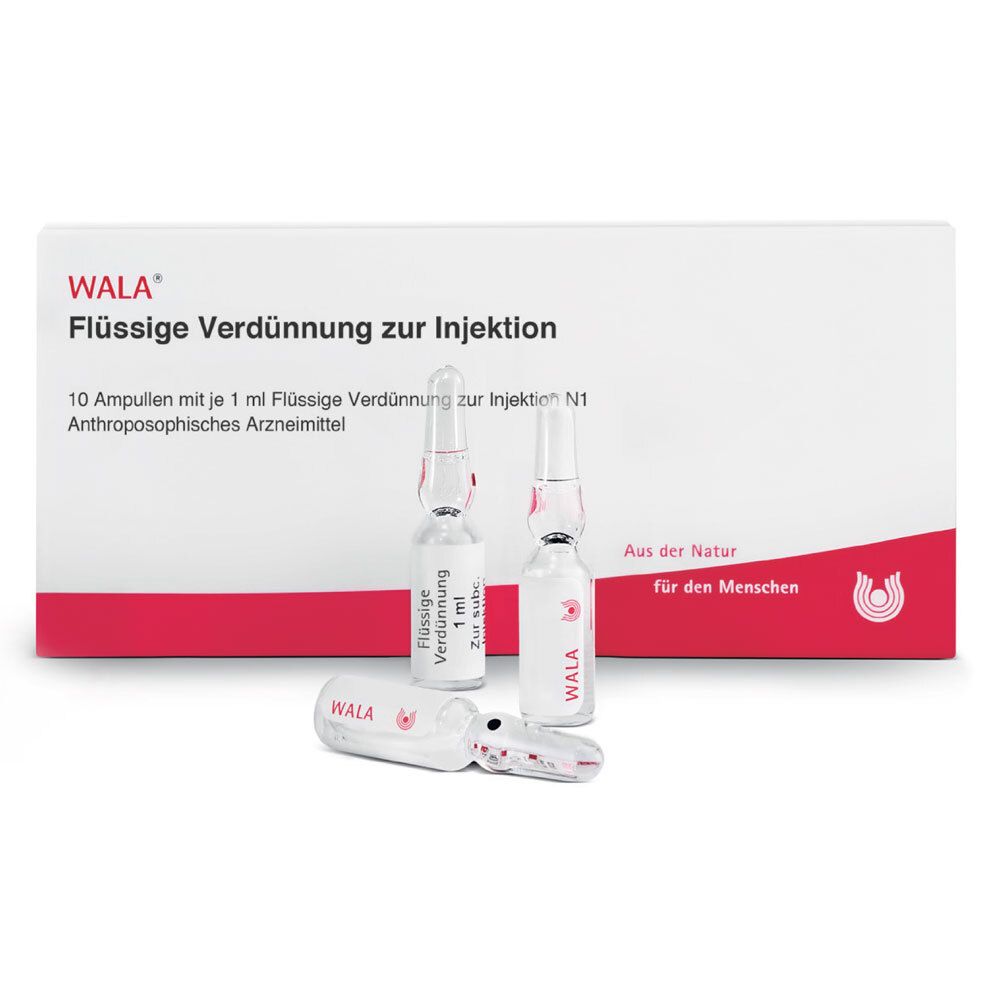 WALA®-Packung mit Ampullen. Geöffnete Ampulle und zwei weitere daneben. Aufschrift: Flüssige Verdünnung zur Injektion.