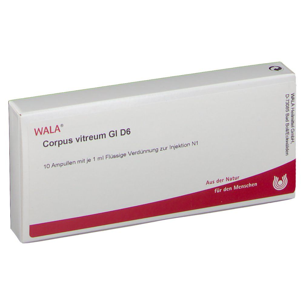 WALA®-Schachtel mit Produktbezeichnung Corpus vitreum Gl D 6. Aufschrift: 10 Ampullen mit je 1 ml.
