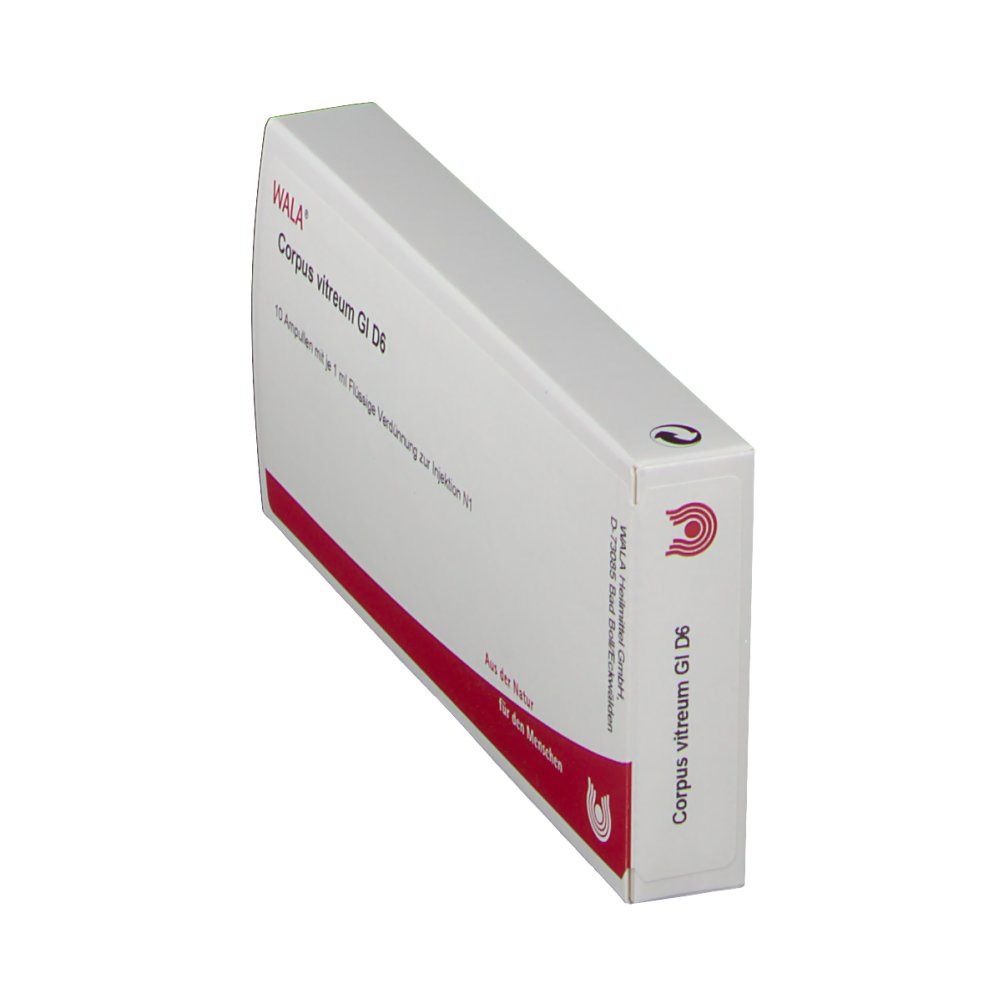 WALA®-Schachtel, Produktbezeichnung Corpus vitreum Gl D 6. Rote Schrift auf weißem Grund. Seitenansicht.
