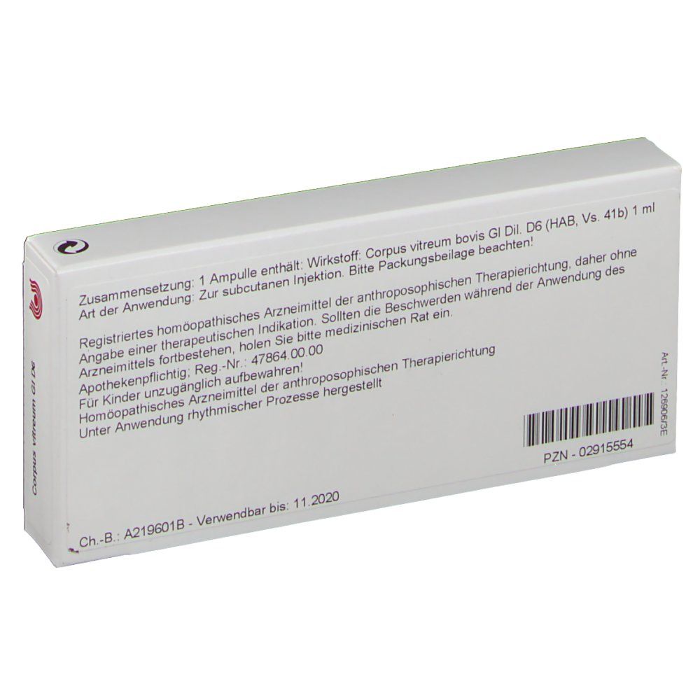 Rückseite der WALA®-Schachtel. Text mit Produktinformationen und Barcode. Haltbarkeitsdatum: 11 2020.