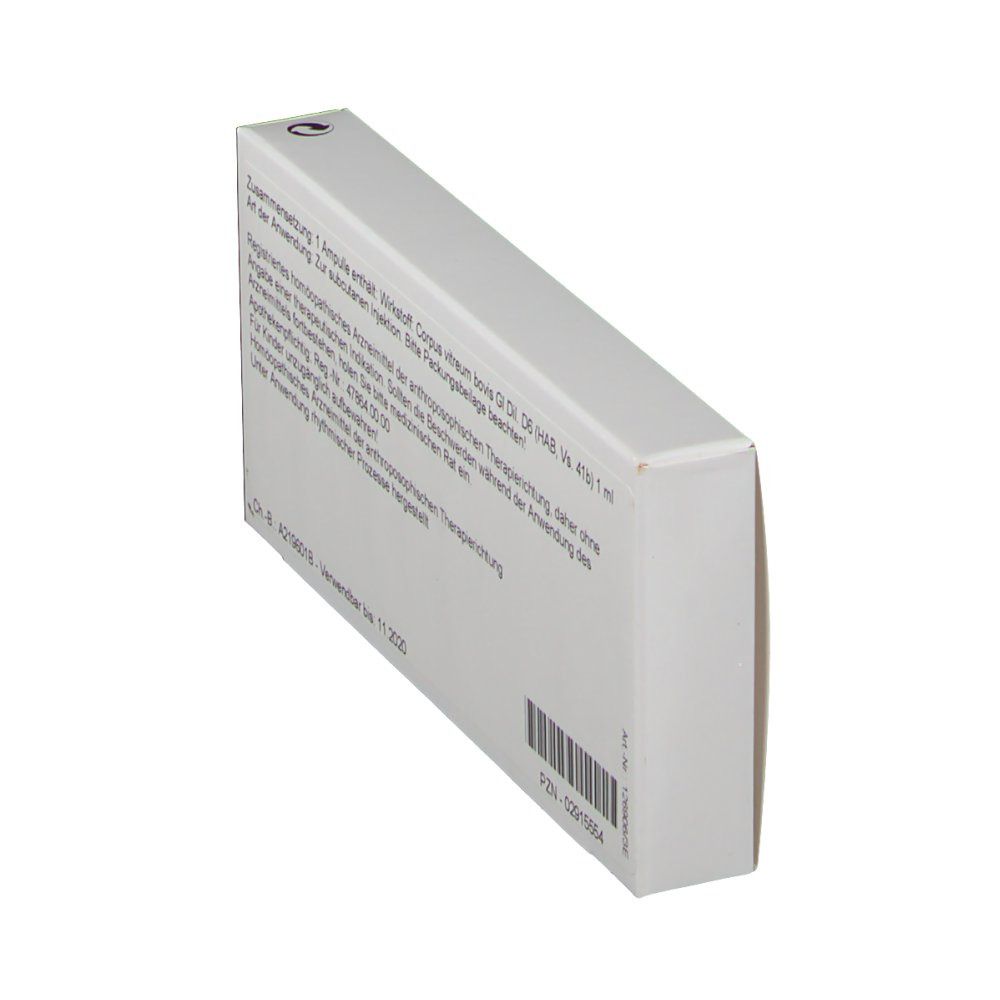 WALA®-Schachtel, Seitenansicht. Text mit Produktinformationen und Barcode. Haltbarkeitsdatum: 11 2020.