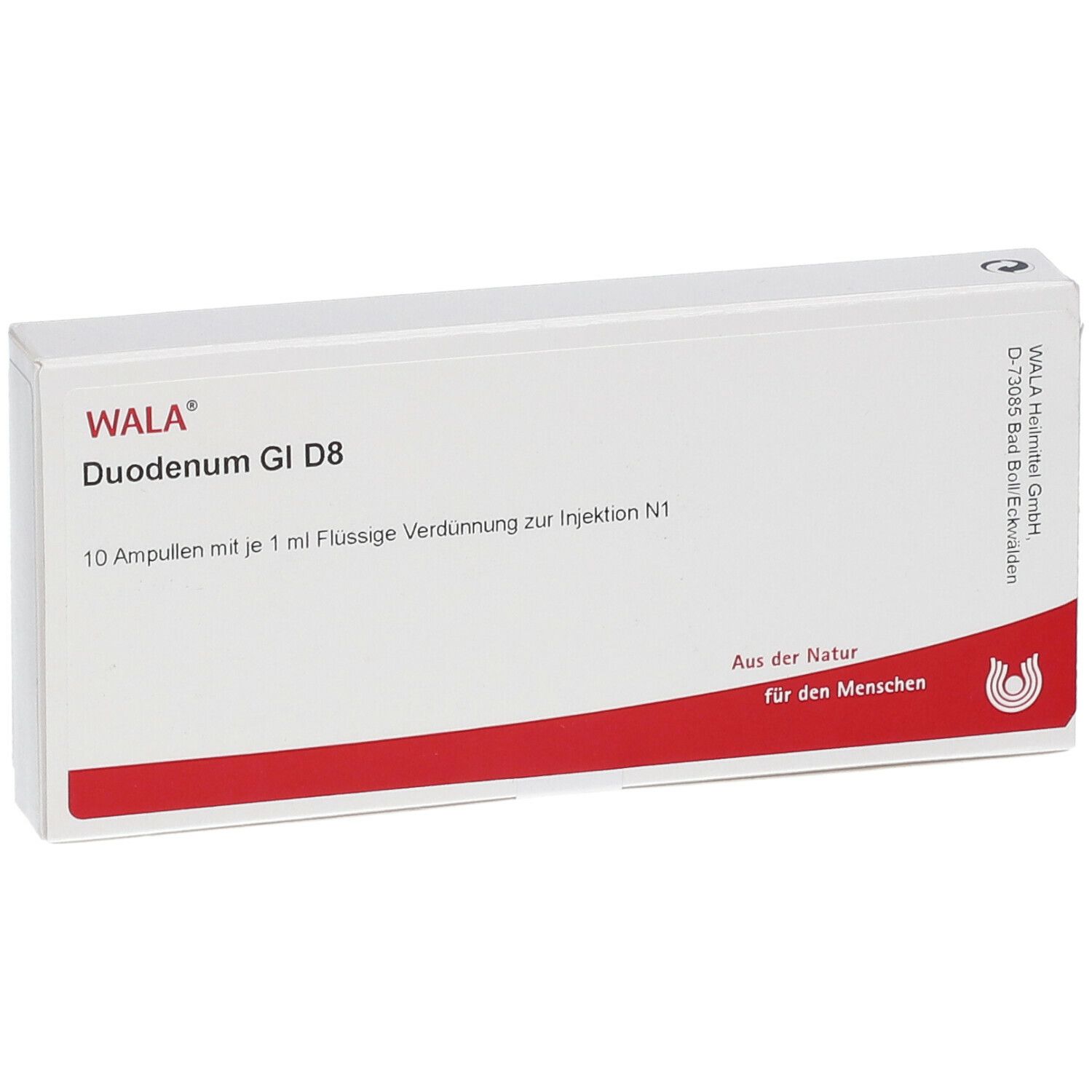 Produktverpackung mit Aufschrift: WALA Duodenum Gl D8, 10 Ampullen. Roter Streifen am unteren Rand. Text: Aus der Natur für den Menschen.