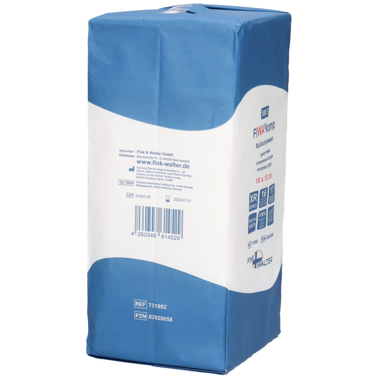 Rückseite der Verpackung: FIWA-komp Mullkompressen, 10x10 cm. Enthält Barcode und Produktinformationen.
